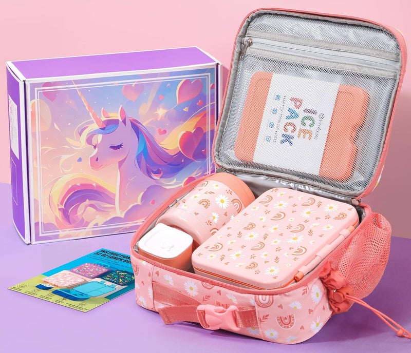 Fimibuke Bento Lunch Box for Kids with Food Ja, 3-Compartment 32OZ Snack Lunch Container, Lunch Bag, 12OZ Insulated Food Jar & Ice Pack Set for Age 3-12 School Daycare Toddler Teen Girls Boy, Rainbow - Image 2